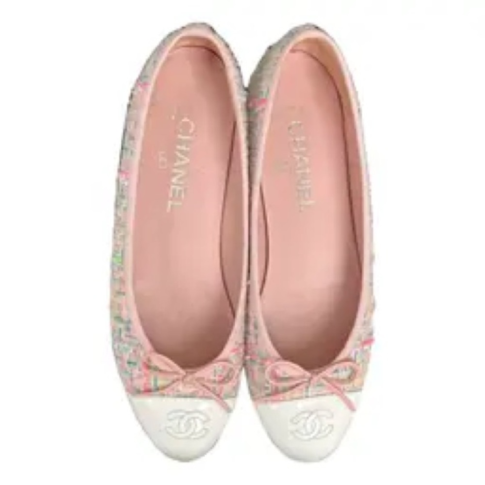 White & Multicolor Chanel Pastel Tweed Cap-Toe Ballet Flats